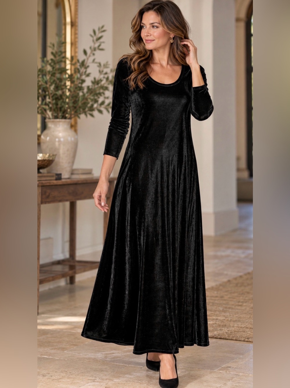 Soft Surroundings Santiago Stretch Velvet Velour Maxi Dress Black Long Sleeve L